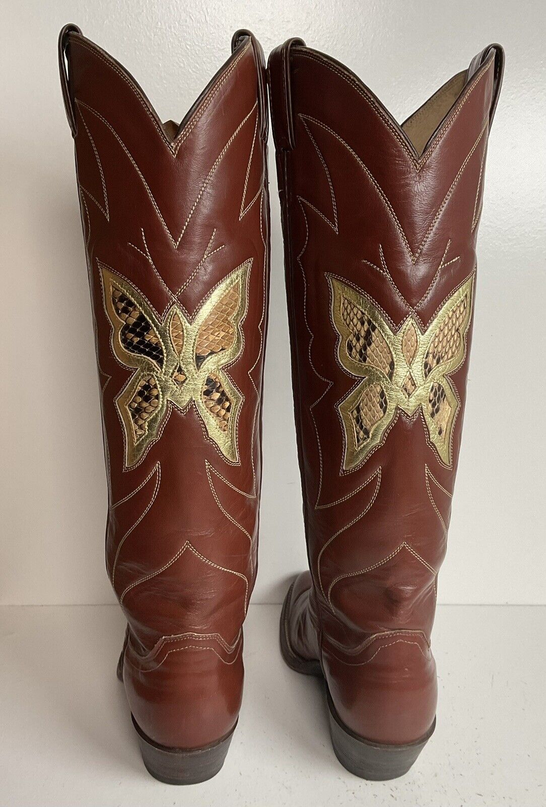 Vintage Justin Tall Butterfly Inlay Cowgirl Boots 6.5 C Snakeskin 70s