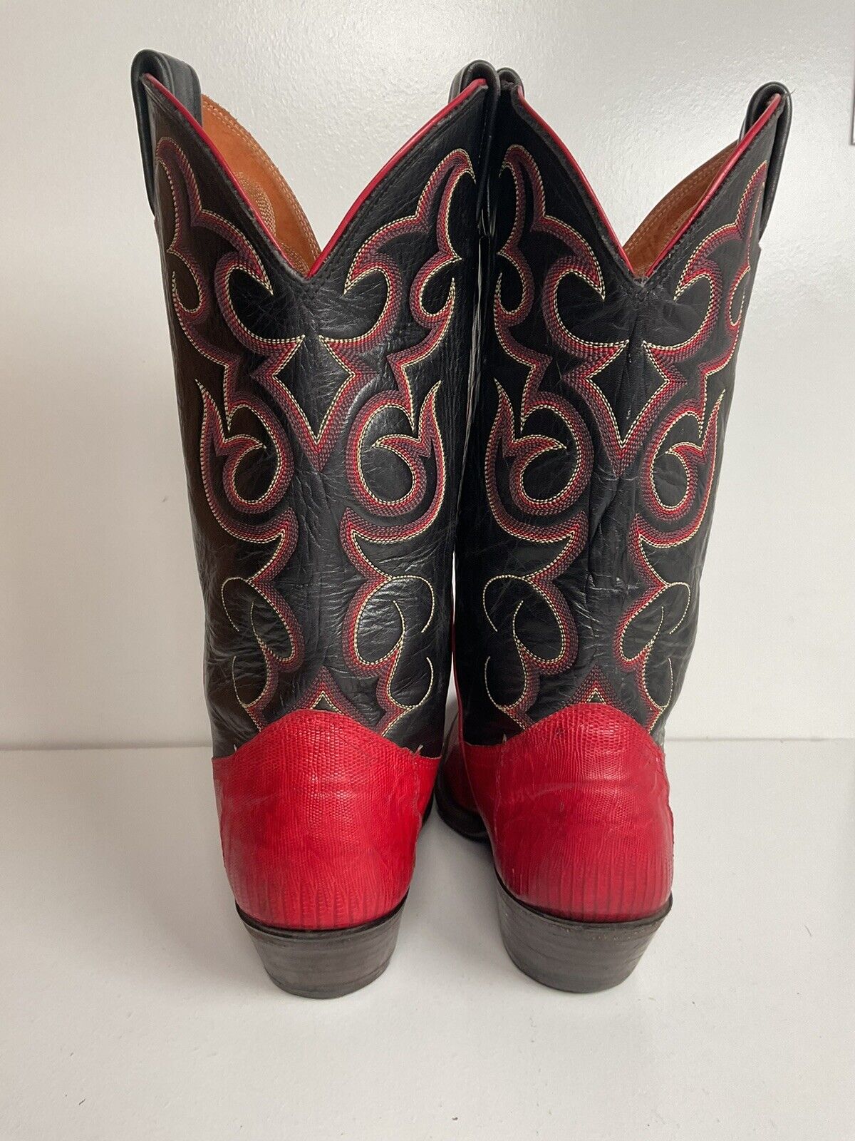 Vintage Nocona Cherry Red Cowgirl Boots 8 B Teju Lizard Vamp USA Made