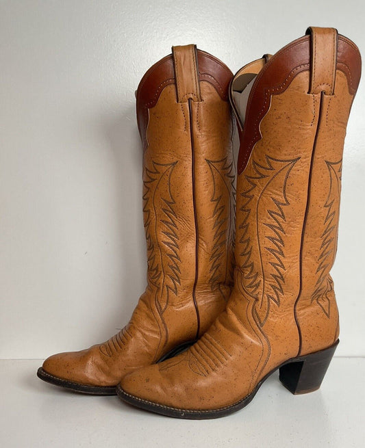 Vintage Justin Tall Cowgirl Boots 8 A Stitched Leaf Tooled Overlay