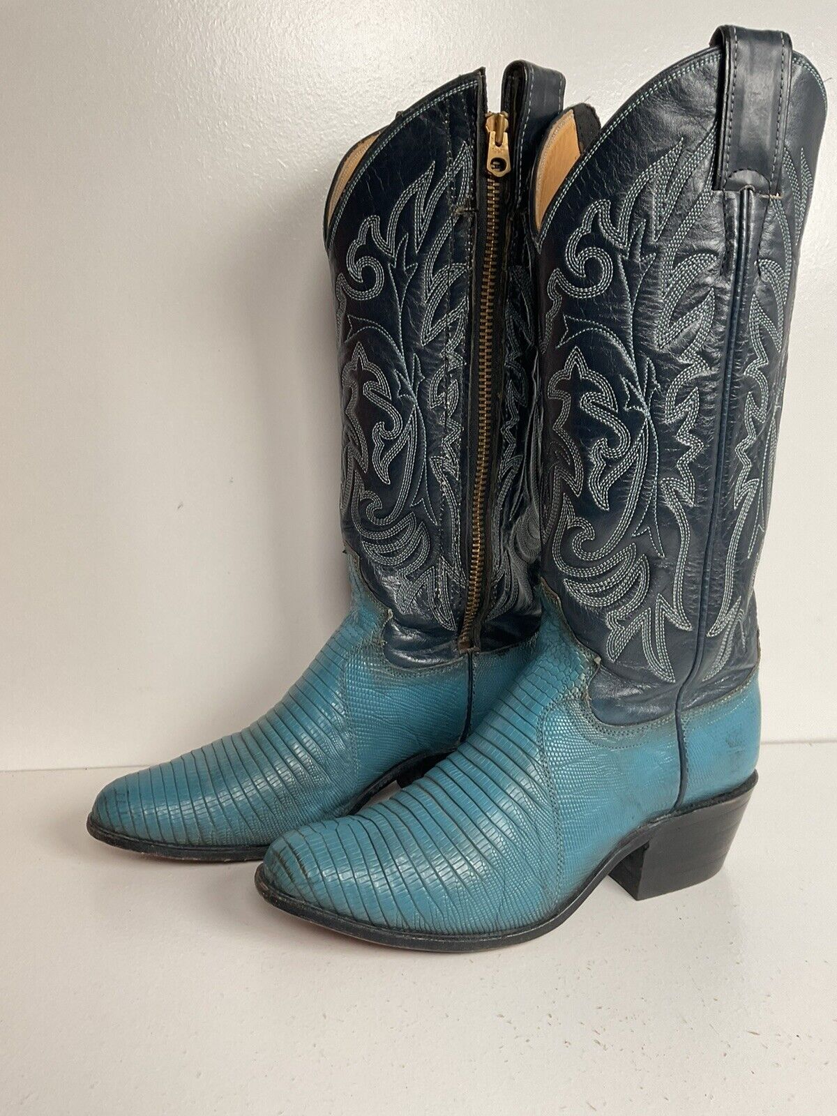 Vintage Justin Turquoise Cowgirl Boots 5 B Zipper Teju Lizard Vamp