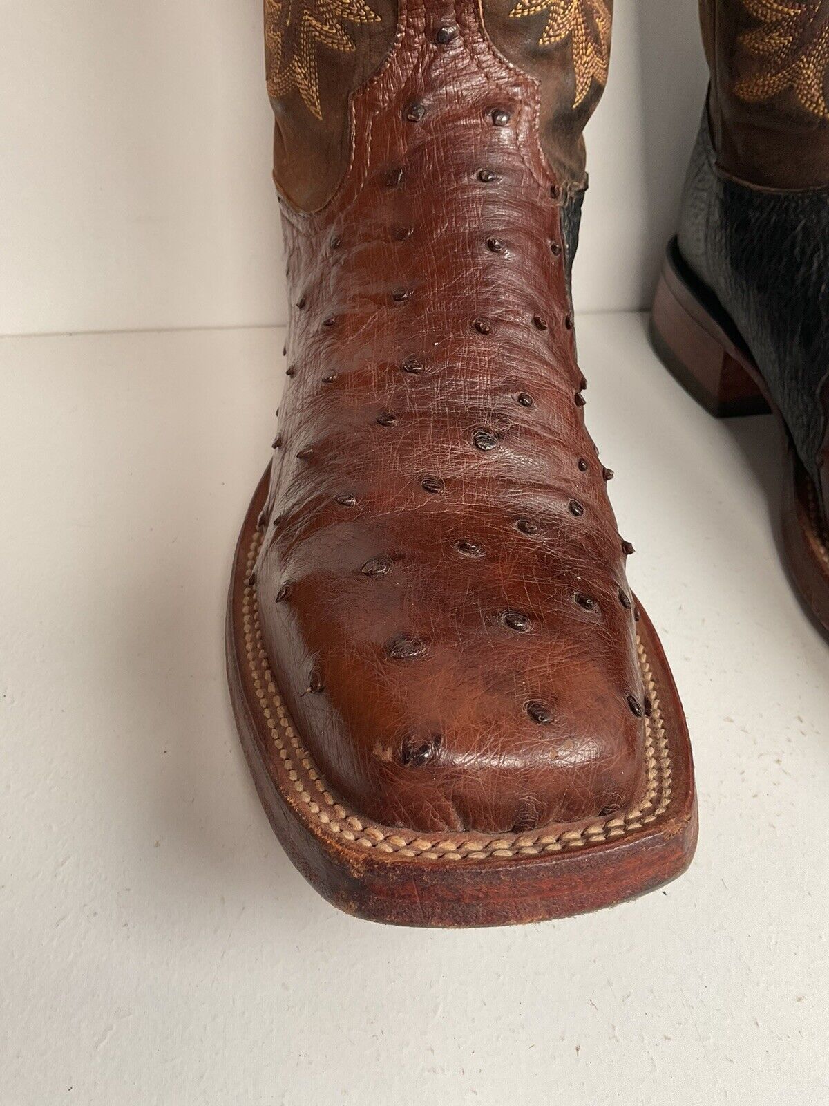 Vintage Tony Lama Exotic Ostrich, Shark Cowboy Boots 8 EE Square Toe Custom