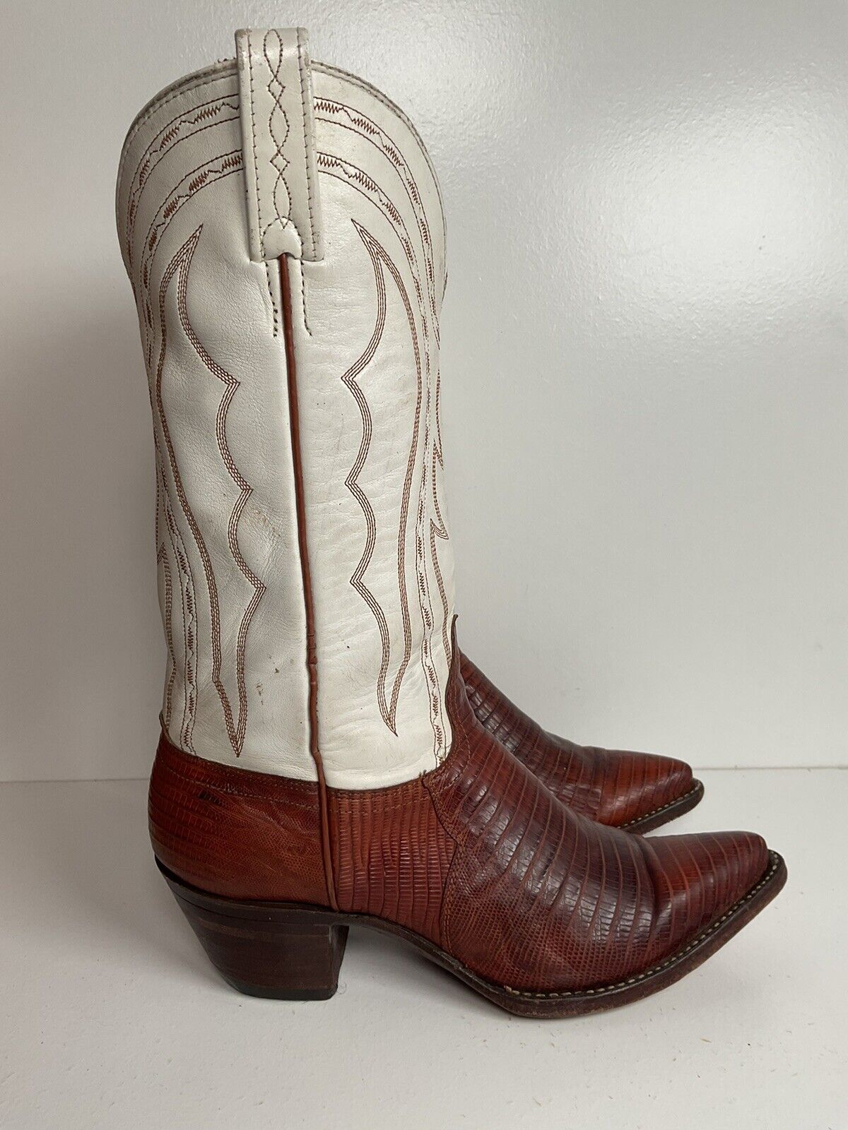 Vintage J Chisholm White Cowgirl Boots 7.5 M Teju Lizard