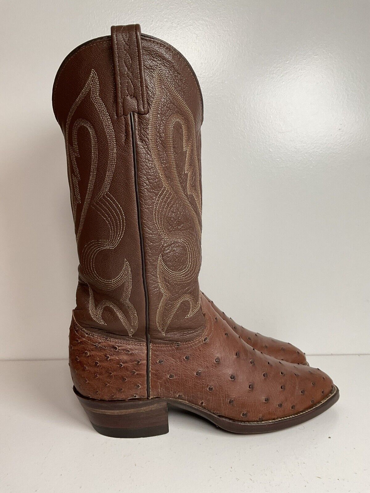 Vintage J Chisholm Exotic Full Quill Ostrich Cowboy Boots 8 D Brown USA Made