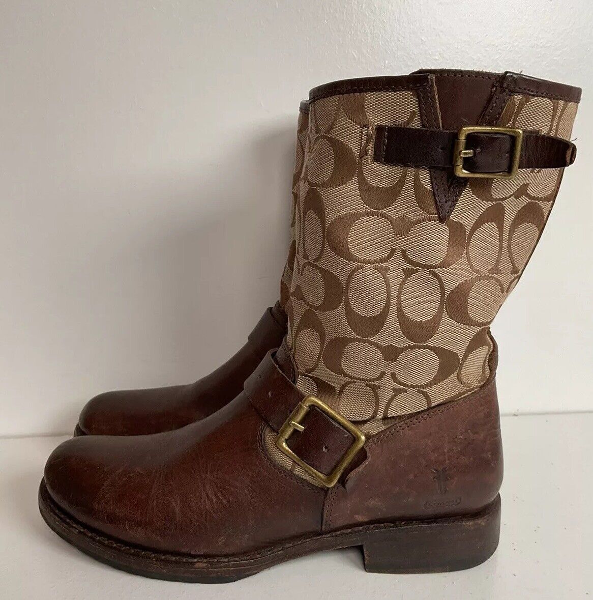 Frye for Coach Veronica Monogram Engineer Boots 8 B Canvas Harness