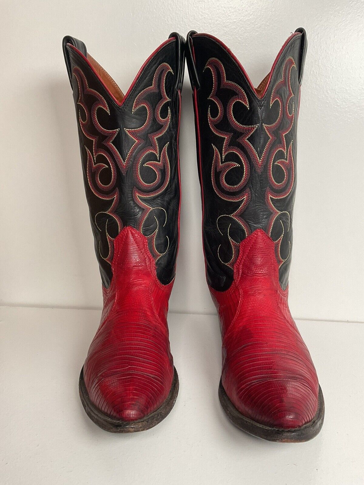 Vintage Nocona Cherry Red Cowgirl Boots 8 B Teju Lizard Vamp USA Made