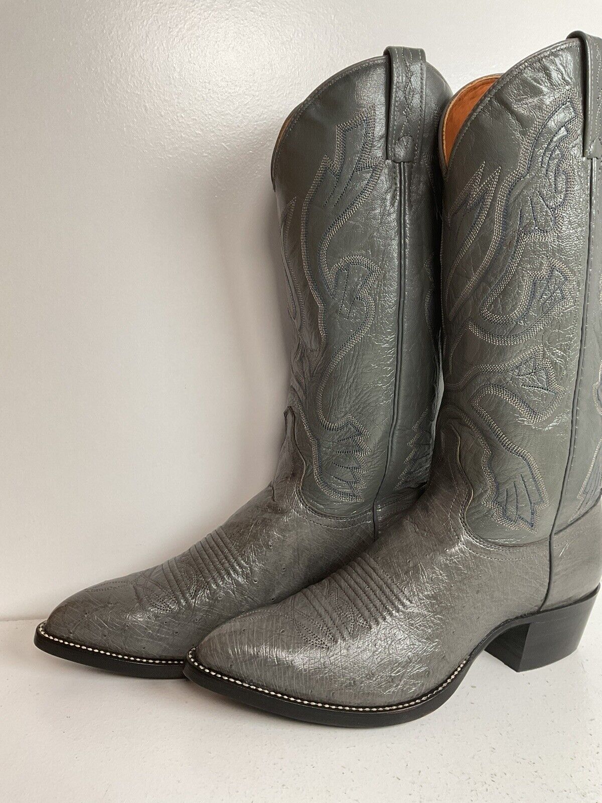 Vintage J. Chisholm Grey Smooth Ostrich Cowboy Boots 7.5 D New Old Stock Exotic