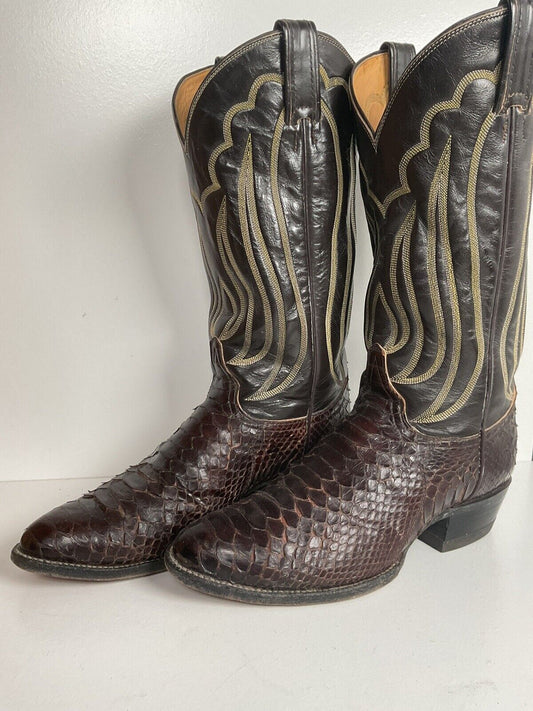 Vintage Tony Lama Back Cut Python Cowboy Boots 8.5 D Dark Brown Snakeskin