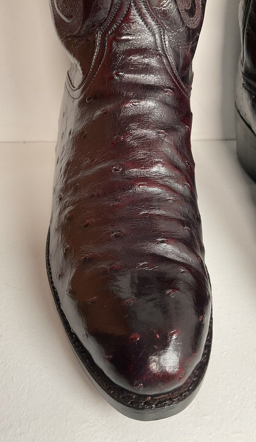 Vintage Lucchese Black Cherry Ostrich Quill Cowboy Boots 9 EE Exotic New Soles