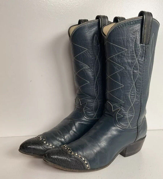 Vintage Tony Lama Navy Blue Cowgirl Boots 5.5 B Black Label Lizard Wingtip