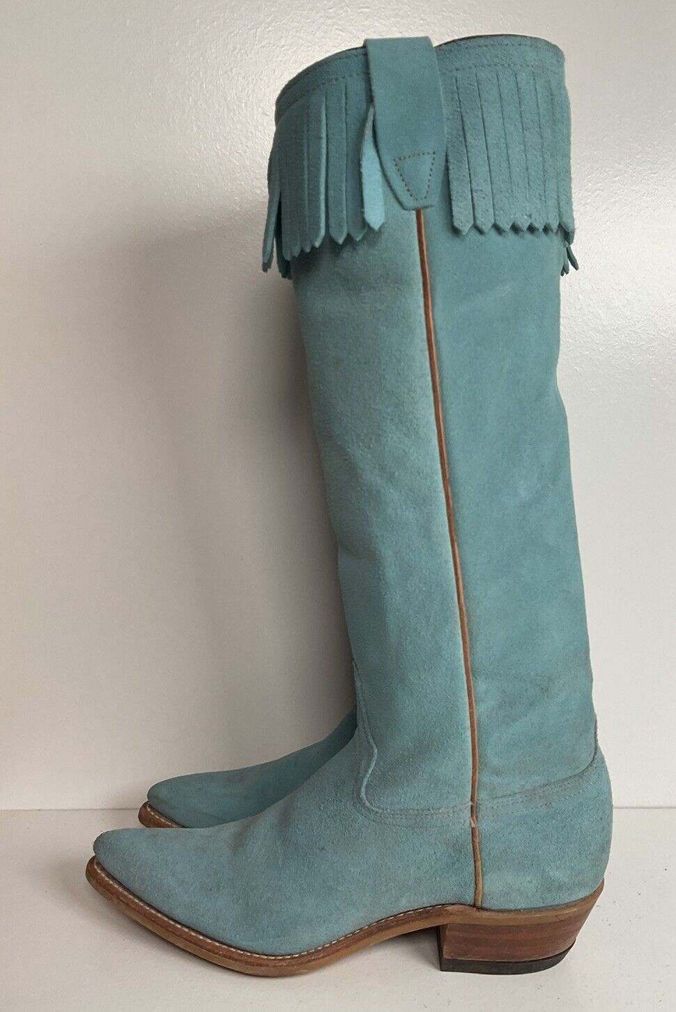 Vintage Wrangler 16.5” Rough Out Suede Cowgirl Boots 6.5 M Fringe Powder Blue