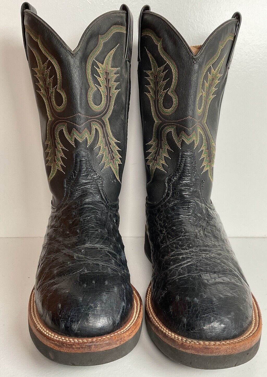 Tony Lama Ostrich Crepe Roper Boots 10 D Western Work Wear Black Exotic