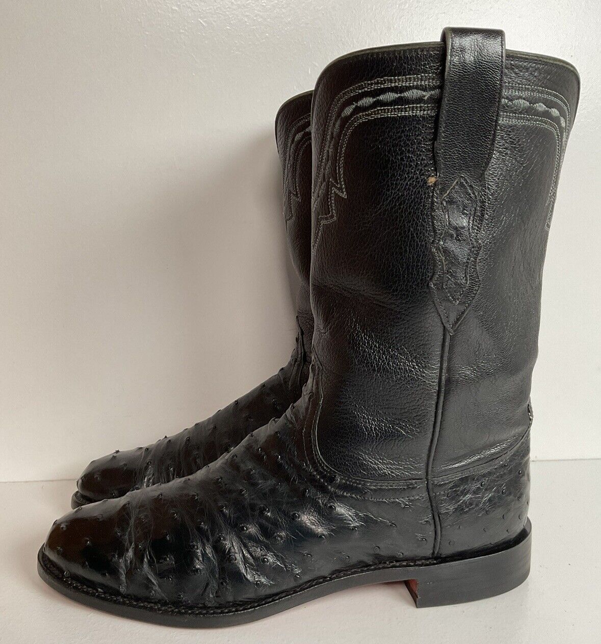 Lucchese 2000 Black Ostrich Quill Roper Boots 9 D Exotic Resoled