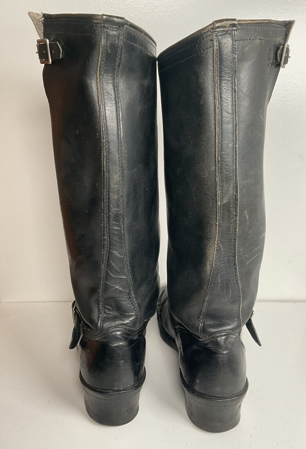 Vintage Sears 18” Tall Harness Engineer Boots 12 Black Leather Old Label 40s 50s