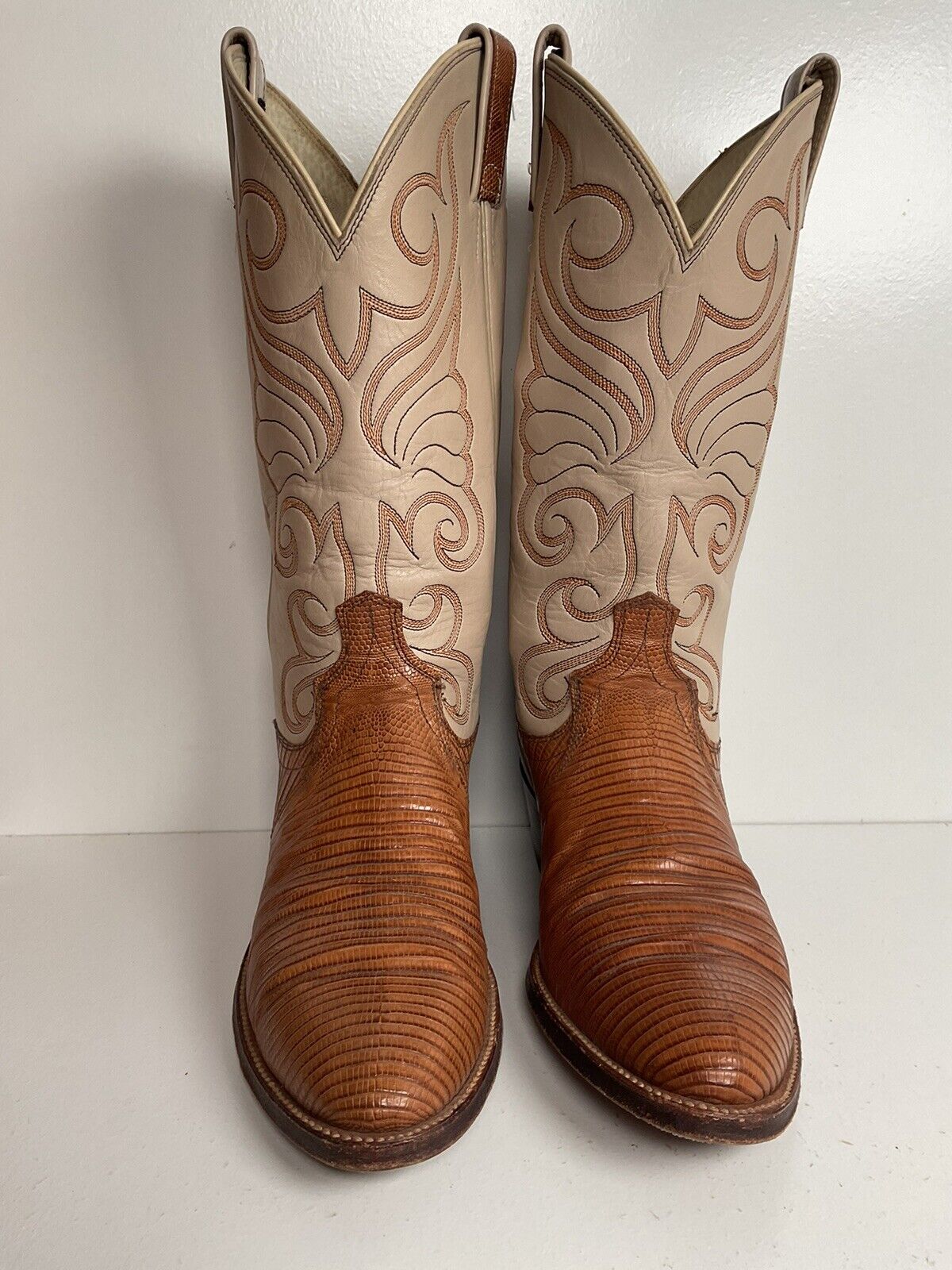 Vintage Dan Post Teju Lizard Cowboy Boots 8 D USA Old Label Crème Upper