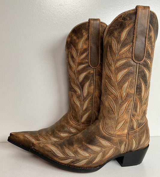 Old Gringo Cowgirl Boots 7 B Tooled Leaf Inlay New Half Soles