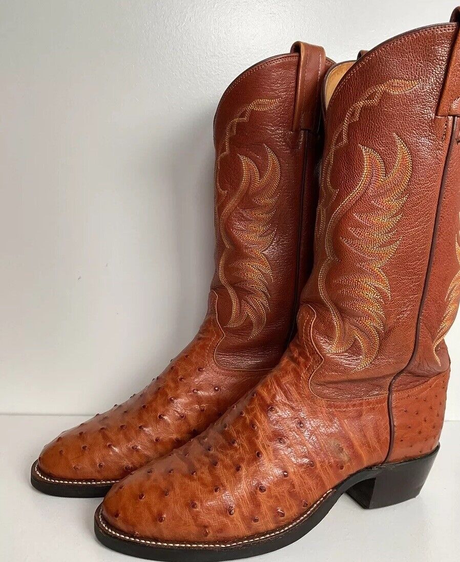 Tony Lama Exotic Full Quill Ostrich Cowboy Boots 8 EE Vibram Sole White Label