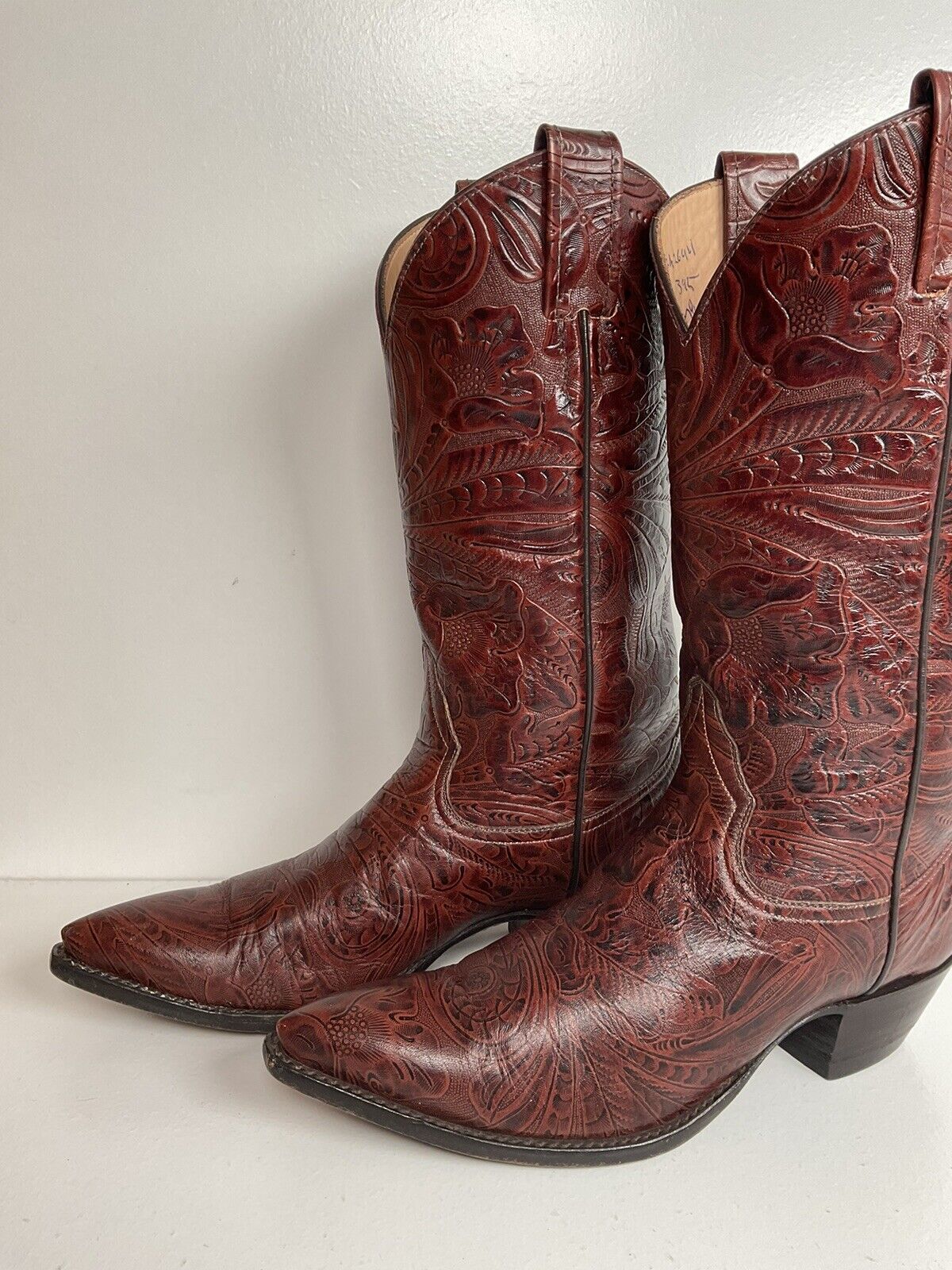 Vintage Larry Mahan Tooled Cowgirl Boots 7 B Mahogany Brown