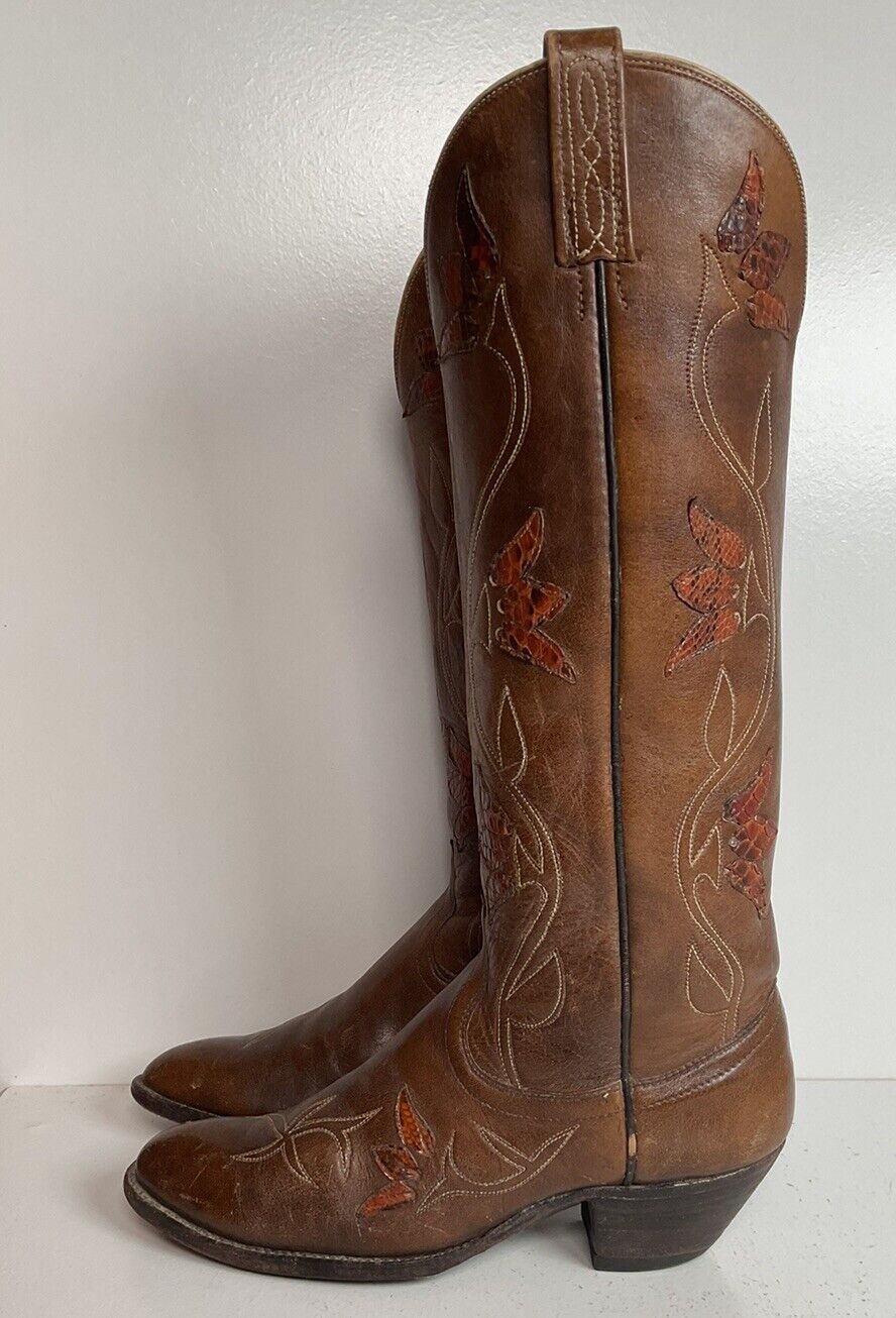 Vintage Dan Post 17”  Tulip Cowgirl Boots 7.5 C Tooled Snakeskin Overlay