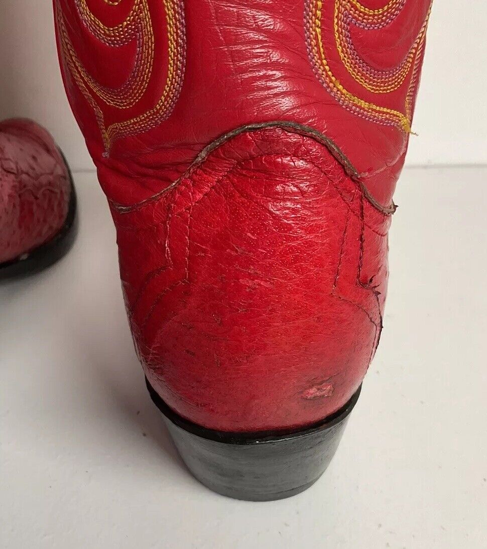 Vintage Larry Mahan Cherry Red Pin Quill Ostrich Cowboy Boots 10.5 D New Half Soles