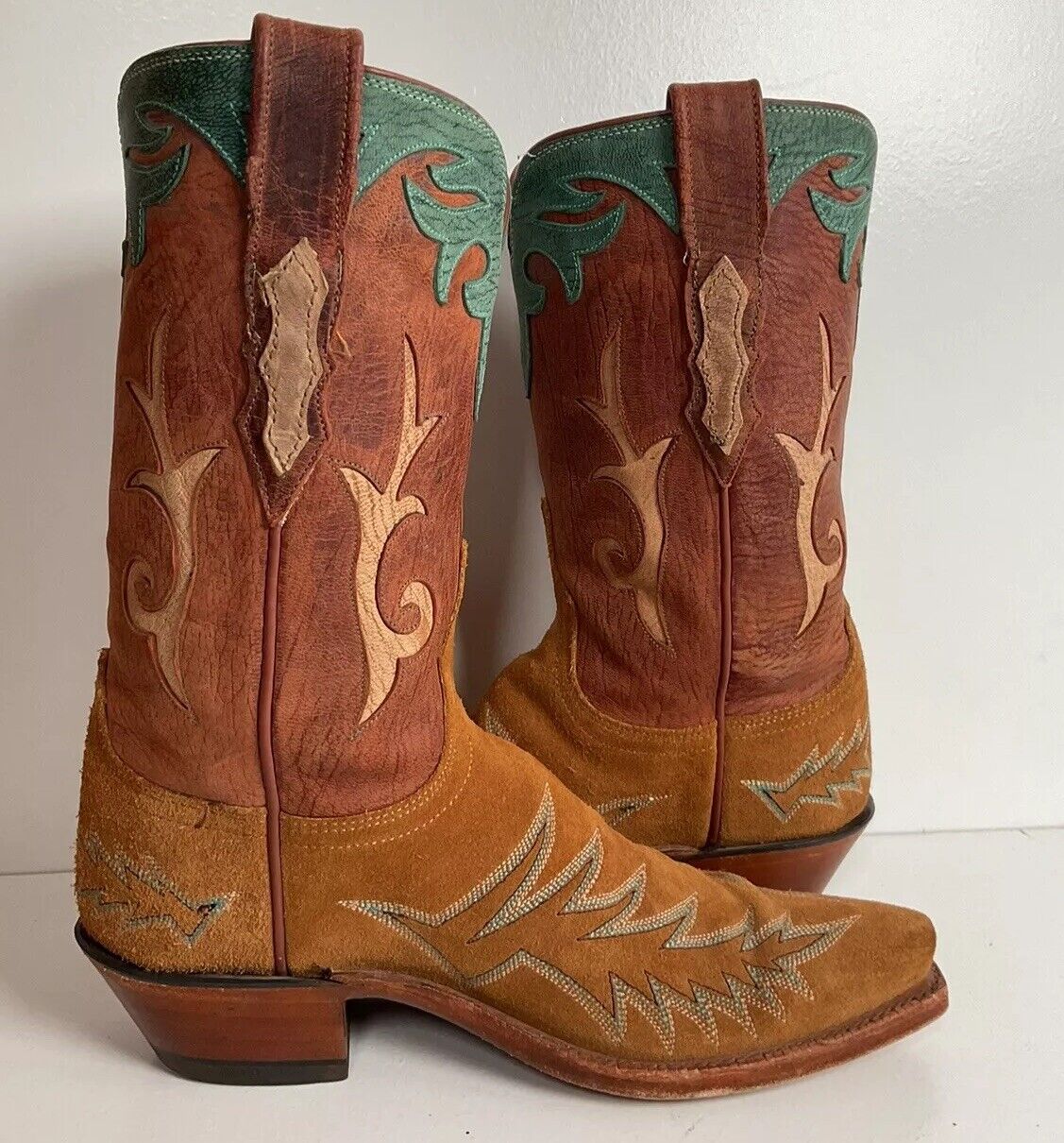 Lucchese 1883 Rough Out Suede Cowgirl Boots 6.5 B USA Tooled Inlay, Overlay