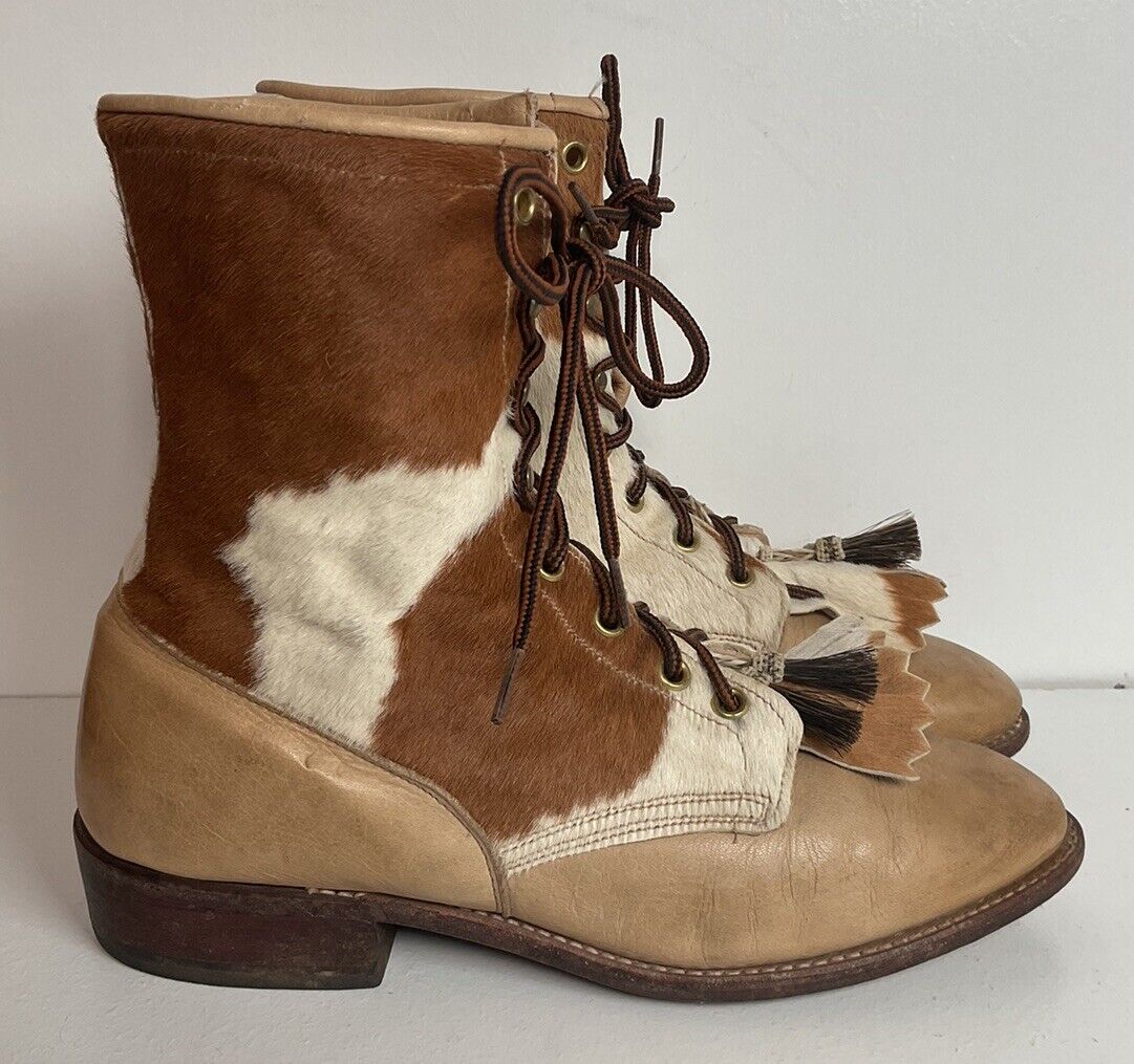 Vintage Larry Mahan Women’s Pony Hair On Cowhide Kiltie Packer Boots 8.5 M