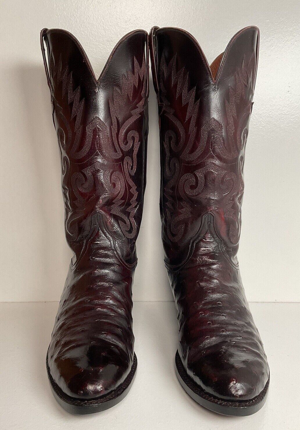 Vintage Lucchese Black Cherry Ostrich Quill Cowboy Boots 9 EE Exotic New Soles