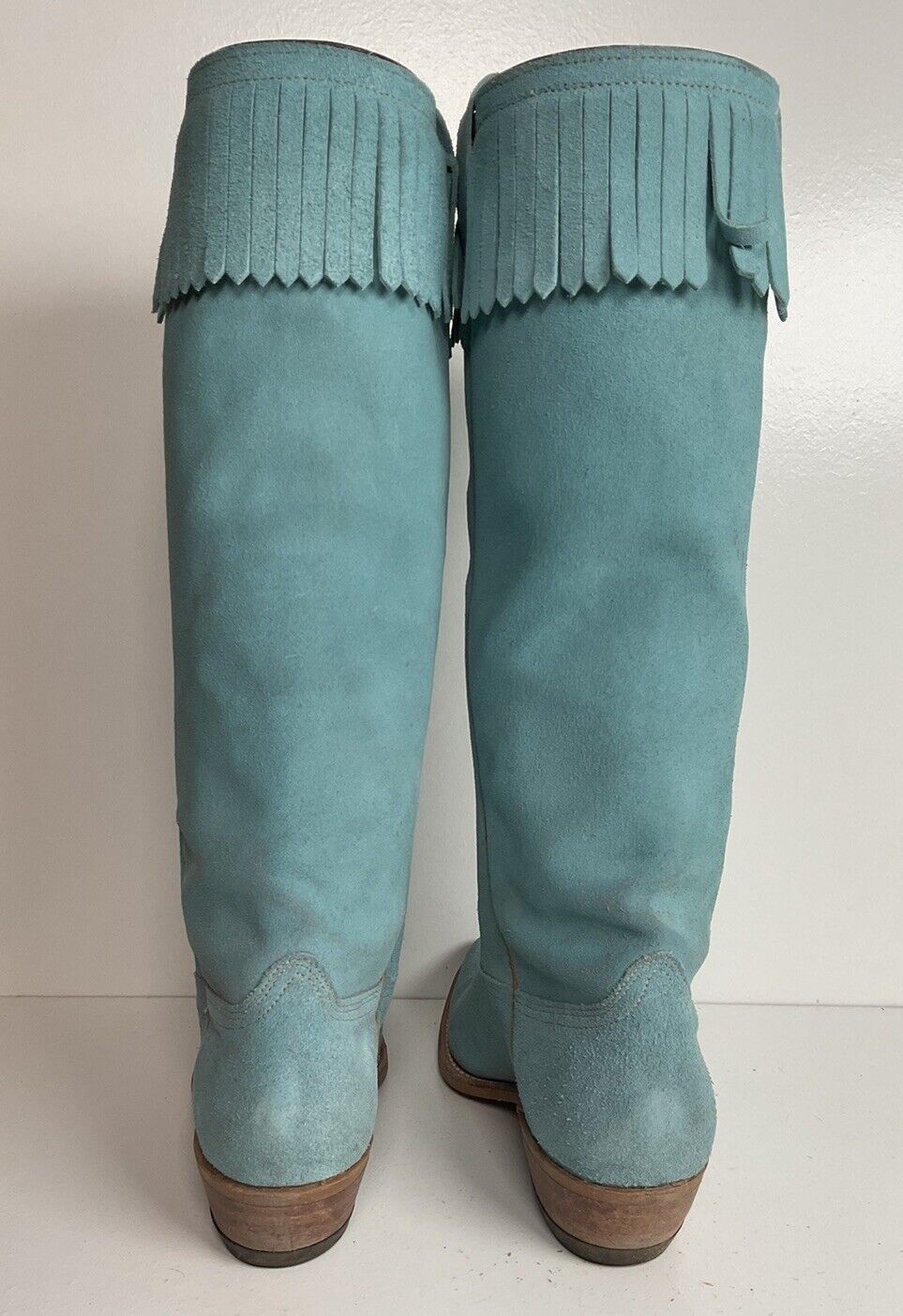 Vintage Wrangler 16.5” Rough Out Suede Cowgirl Boots 6.5 M Fringe Powder Blue