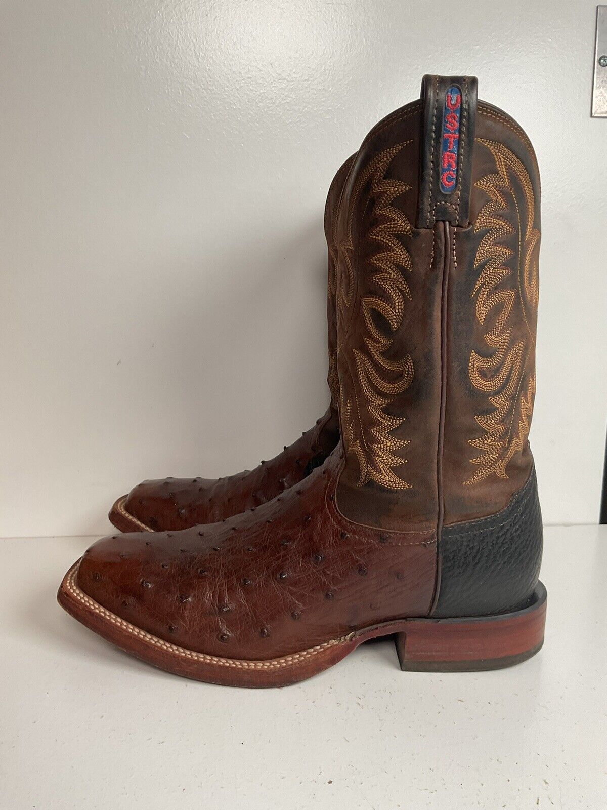 Vintage Tony Lama Exotic Ostrich, Shark Cowboy Boots 8 EE Square Toe Custom