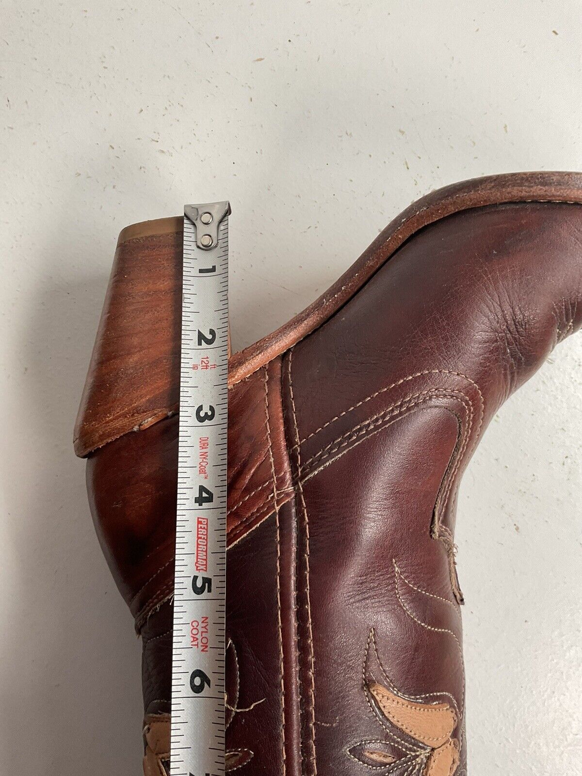 Vintage Dingo Acme 14” Brown Floral Cowgirl Boots 6 M Tooled Tulip Overlay