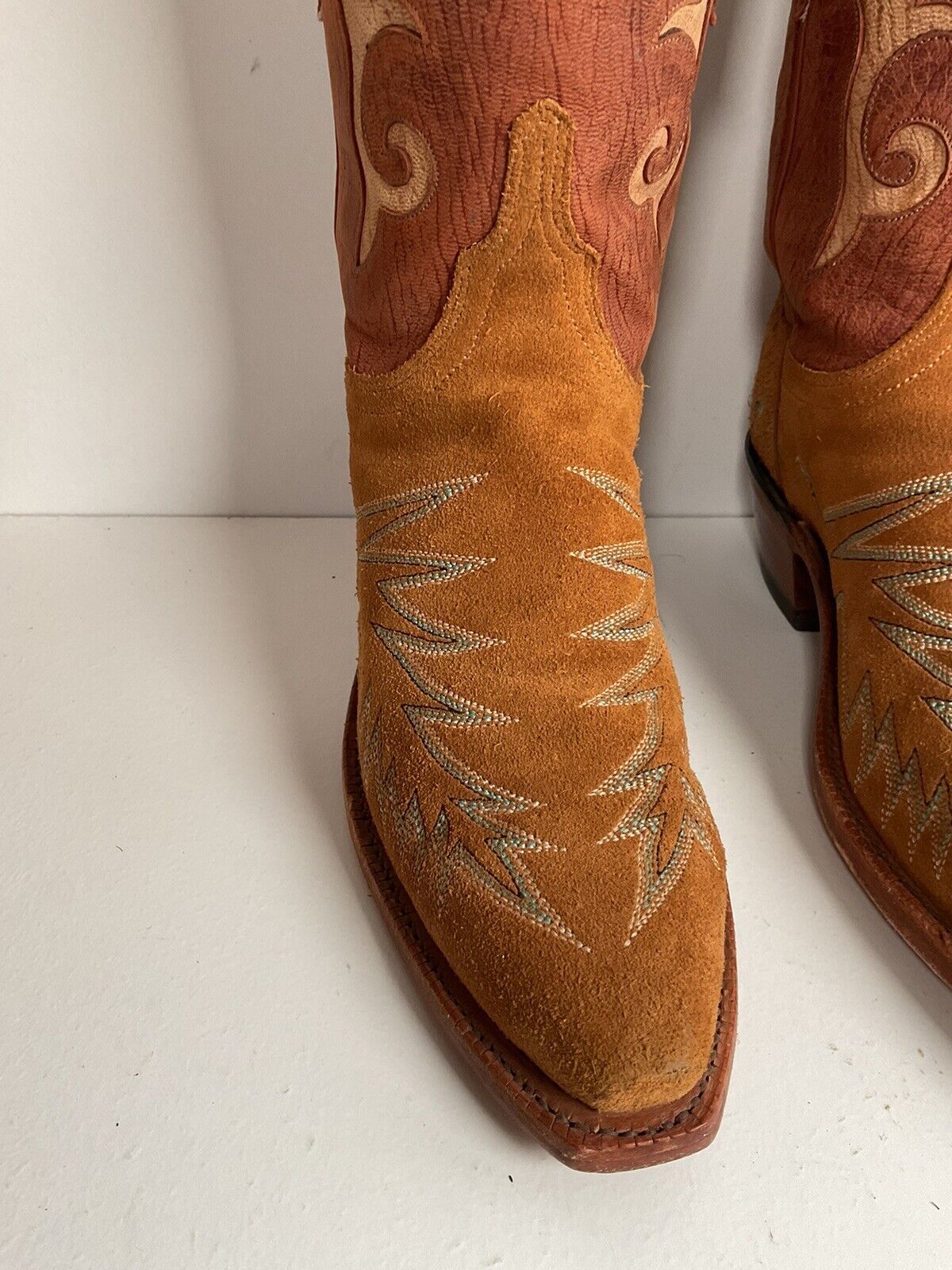 Lucchese 1883 Rough Out Suede Cowgirl Boots 6.5 B USA Tooled Inlay, Overlay