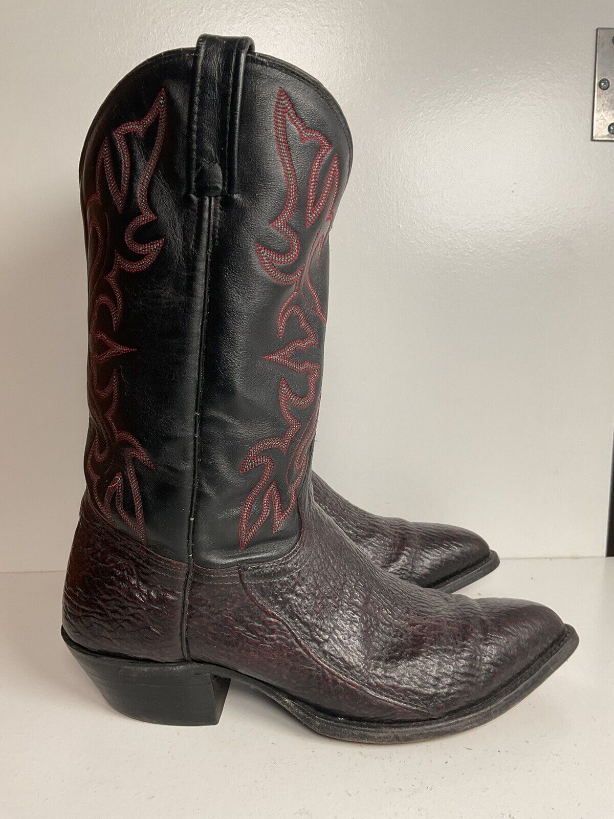 Vintage J Chisholm Exotic Shark Leather Cowboy Boots 10.5 D Black Cherry