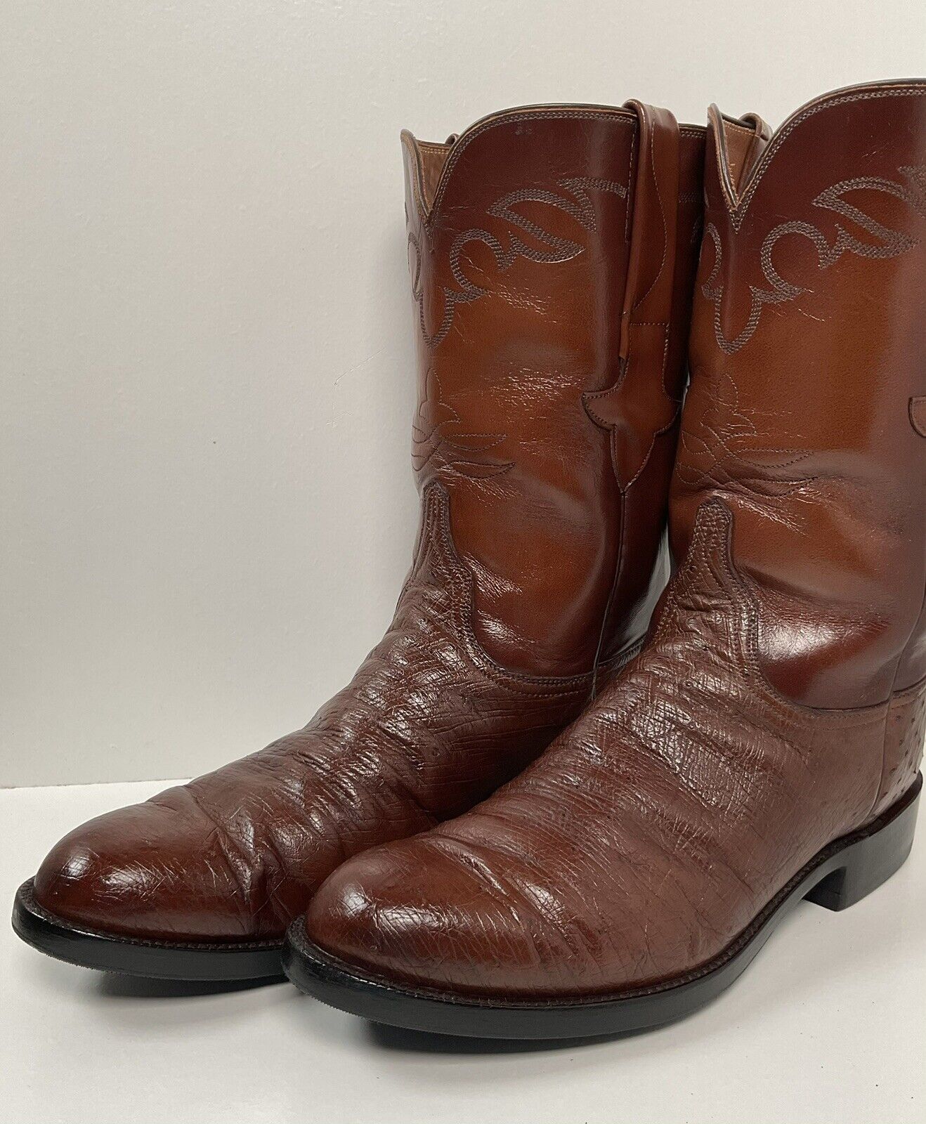 Vintage Lucchese Handmade Smooth Ostrich Roper Boots 10 D Exotic Cowboy