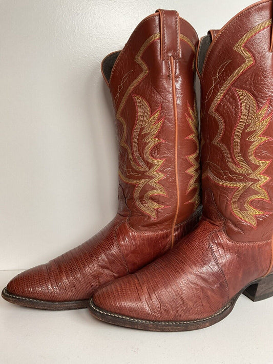 Justin Teju Lizard Leather Cowboy Boots 10.5 EE Cognac USA Made