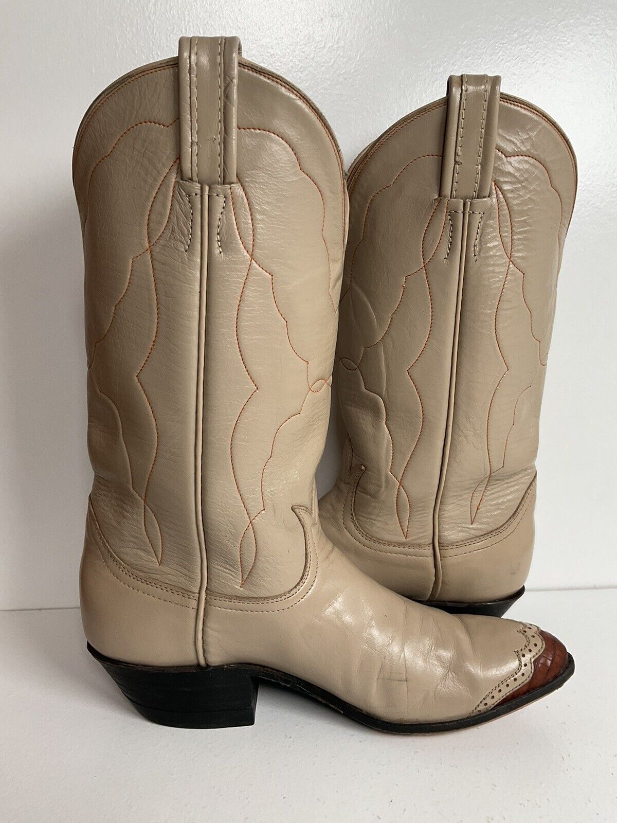 Vintage Tony Lama Lizard Wingtip Cowgirl Boots 5.5 A Creme Leather