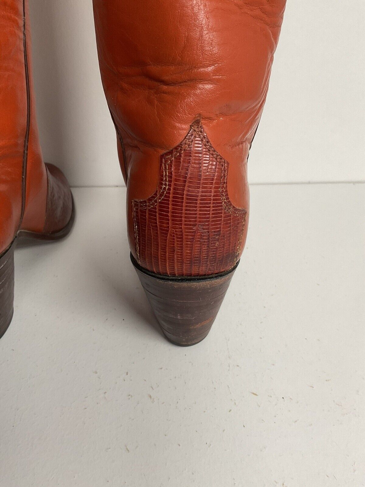 Vintage Justin 16” Tall Orange Cowgirl Boots 6.5 B Triad Tooled Lizard Overlay