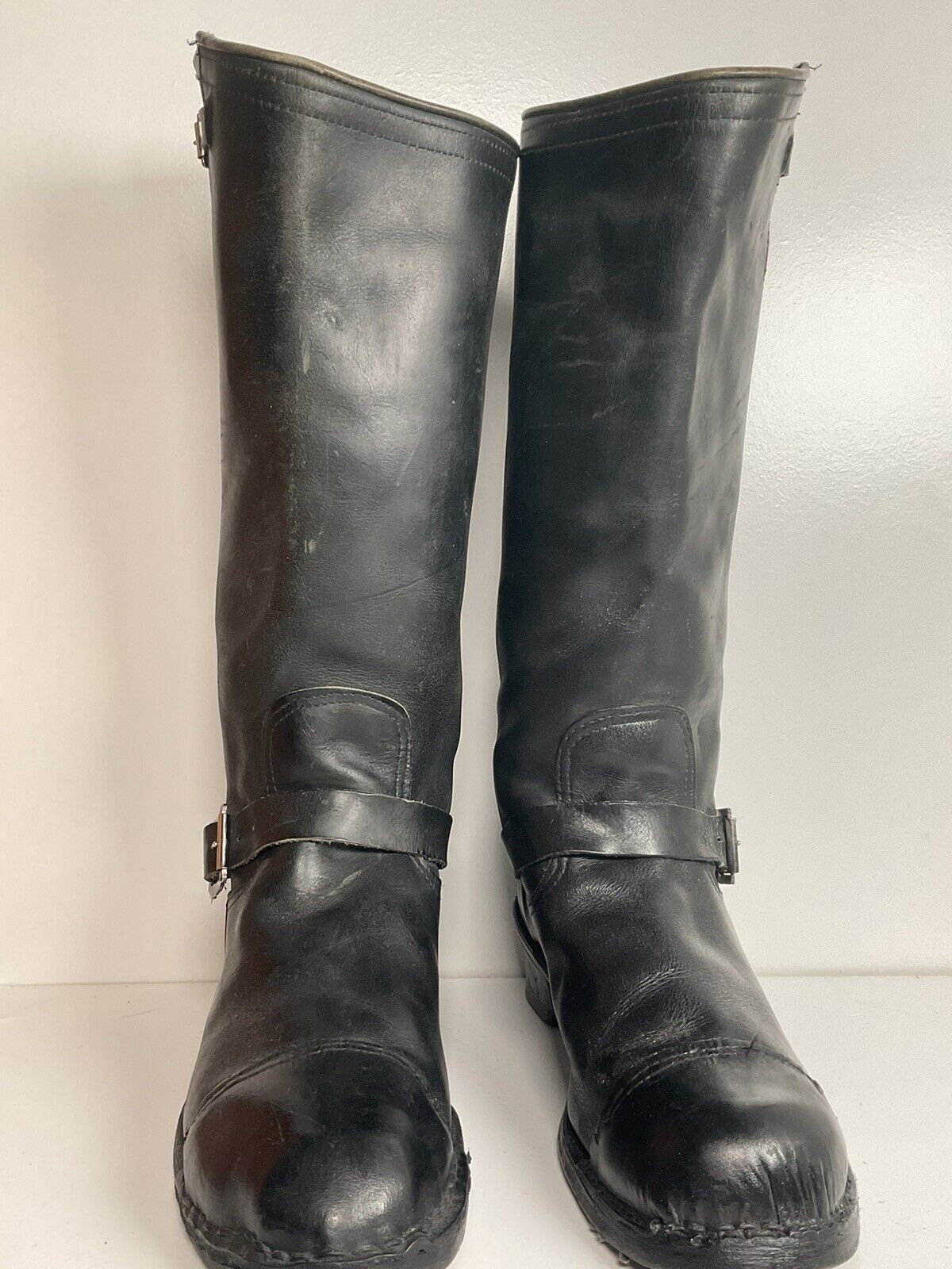 Vintage Sears 18” Tall Harness Engineer Boots 12 Black Leather Old Label 40s 50s