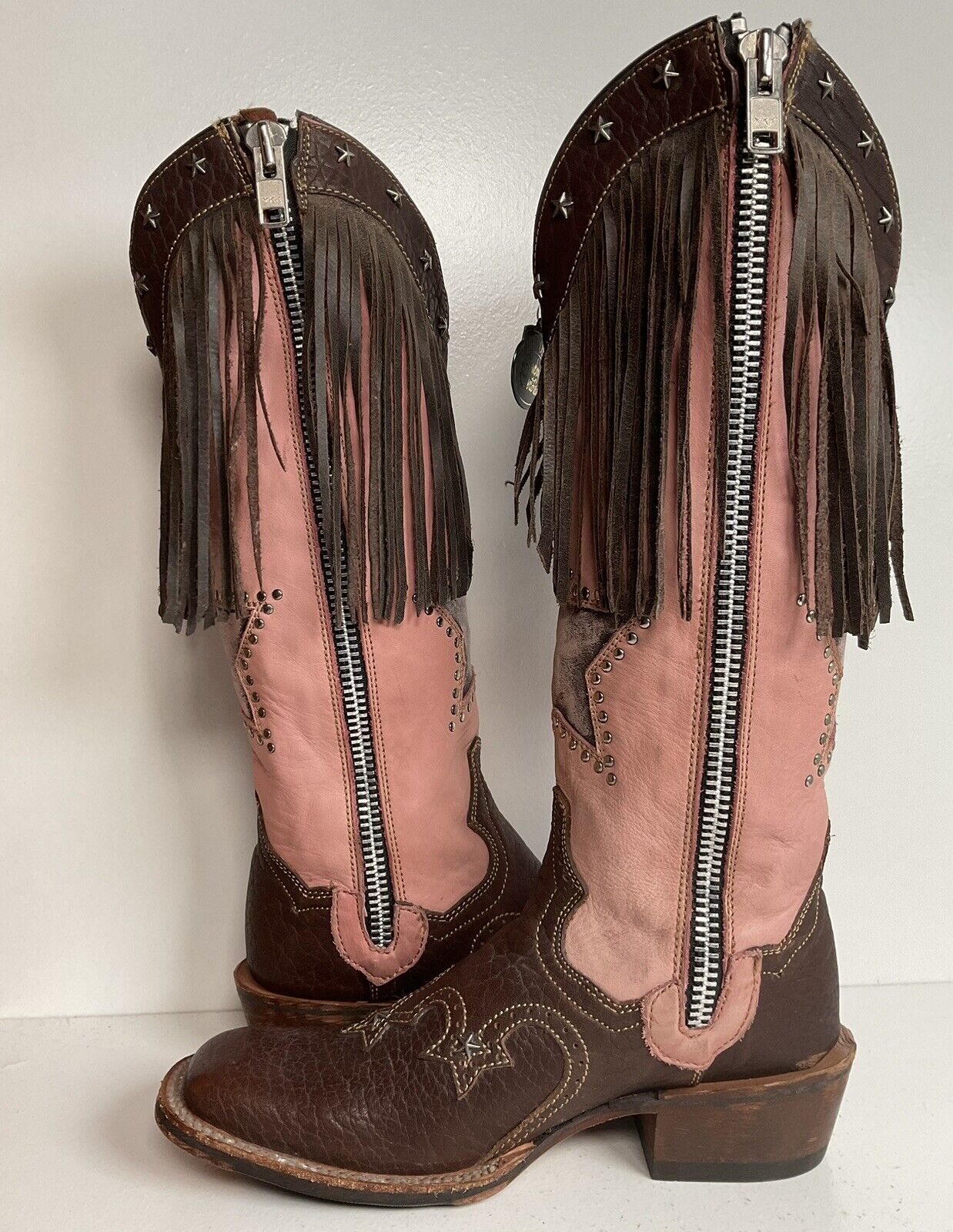 Dan Post 16” Fringe Cowgirl Boots 7.5 M Square Toe Star Inlay