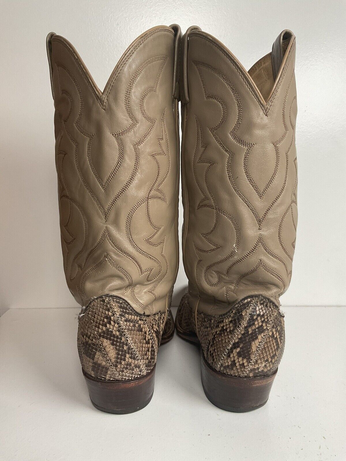 Vintage Dan Post Front Cut Python Snakeskin Cowboy Boots 10 D Patchwork USA Made