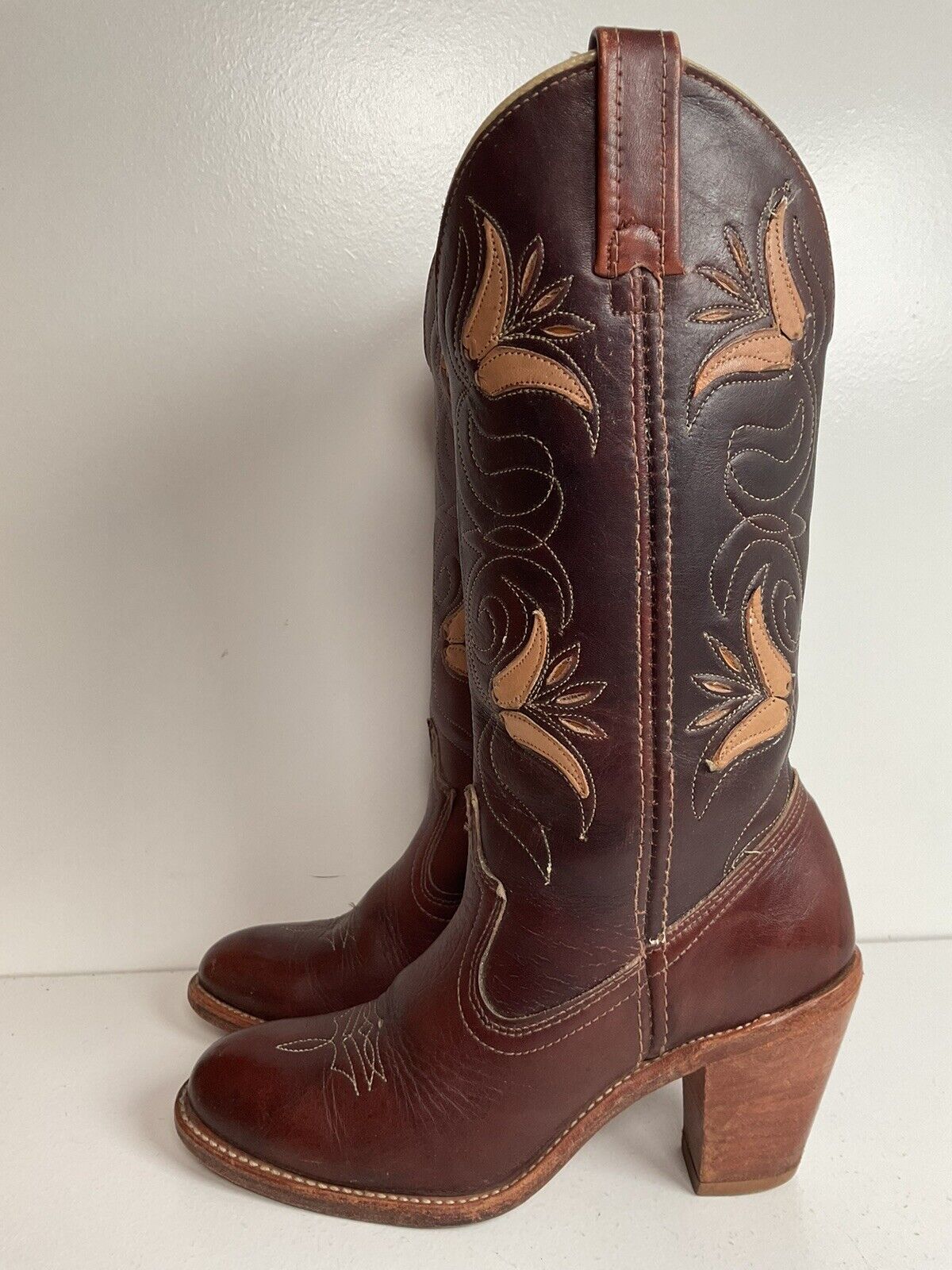 Vintage Dingo Acme 14” Brown Floral Cowgirl Boots 6 M Tooled Tulip Overlay