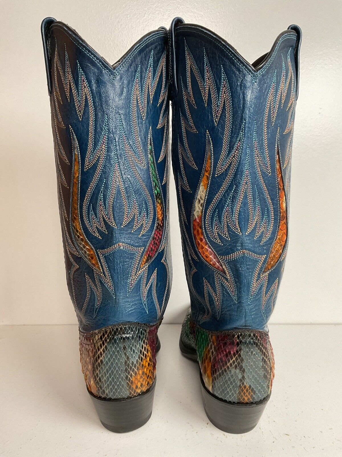 Vintage Dan Post Rainbow Python Cowgirl Boots 8 M Front Cut Tooled Inlay