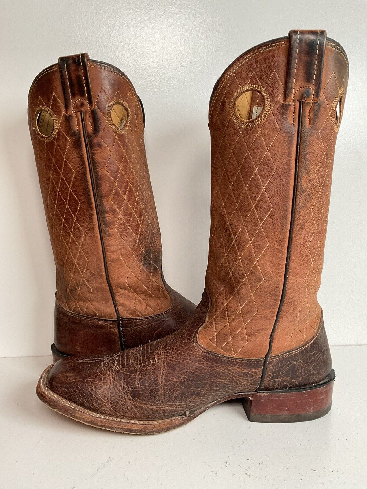 Larry Mahan 14” Square Toe Buckaroo Cowboy Boots 9.5 D Quilted Upper Punchy