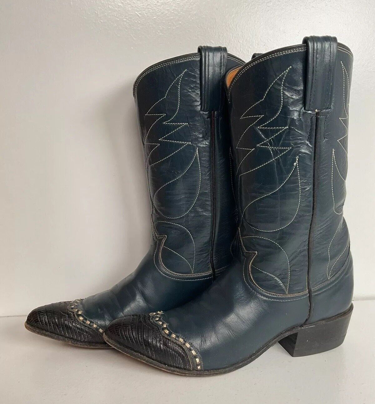 Vintage Tony Lama Navy Blue Cowgirl Boots 6 A Lizard Wingtip