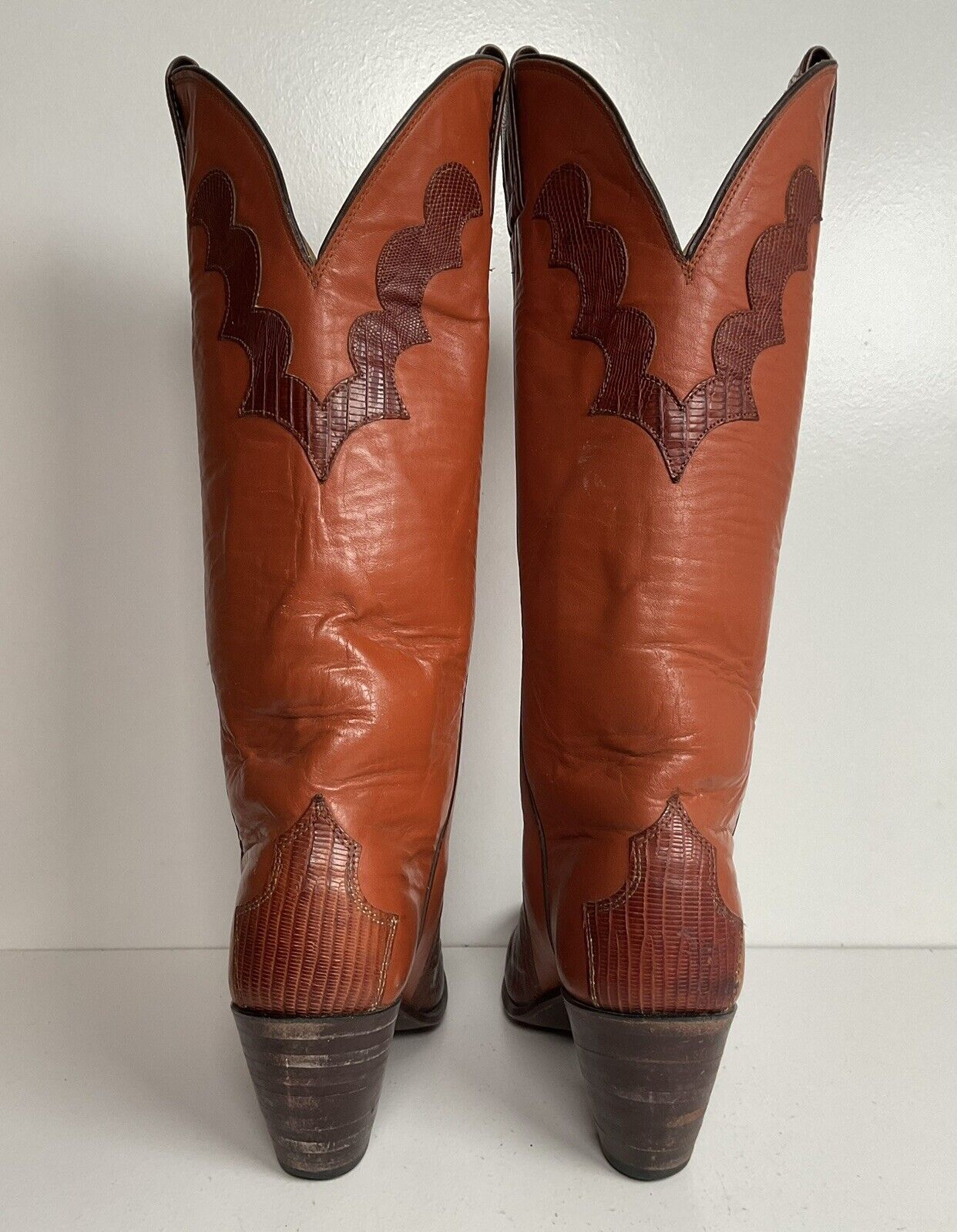 Vintage Justin 16” Tall Orange Cowgirl Boots 6.5 B Triad Tooled Lizard Overlay