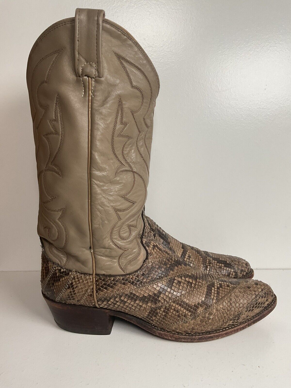 Vintage Dan Post Front Cut Python Snakeskin Cowboy Boots 10 D Patchwork USA Made