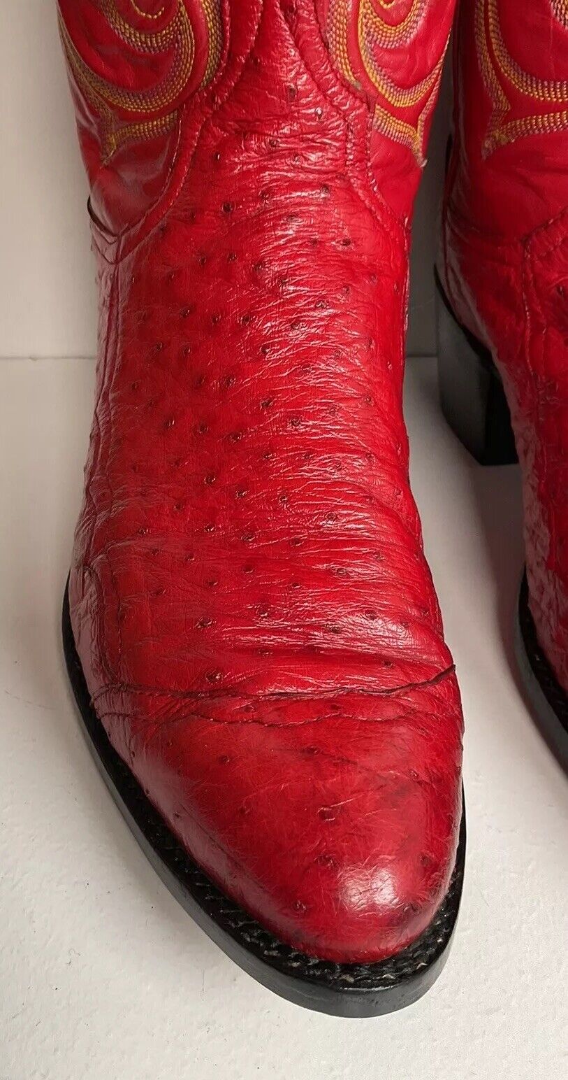 Vintage Larry Mahan Cherry Red Pin Quill Ostrich Cowboy Boots 10.5 D New Half Soles