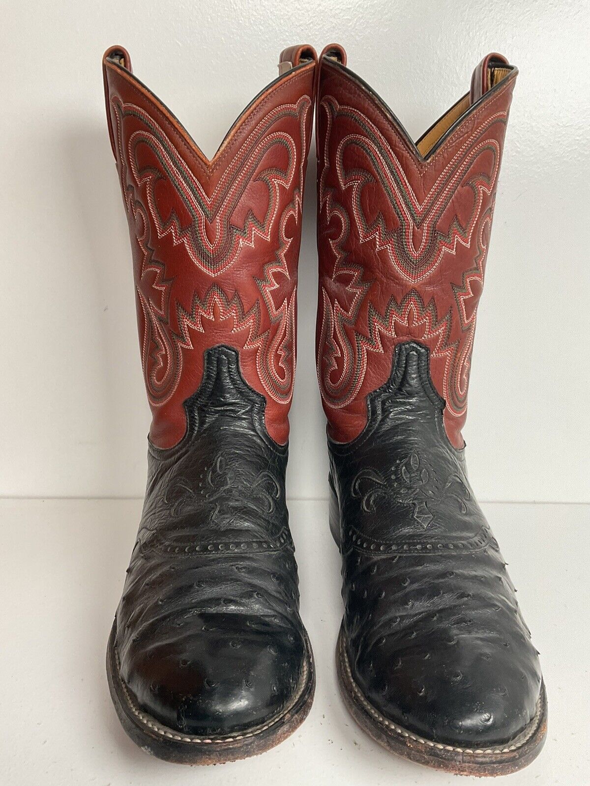 Vintage Tony Lama Exotic Ostrich Quill Roper Boots 10 D Tooled Inlay White Label