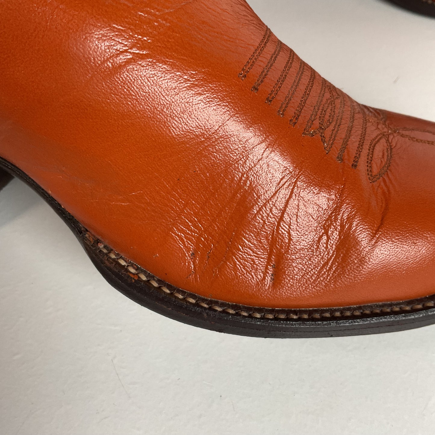 Vintage Panhandle Slim Tall Cowgirl Boots 6.5 C Pumpkin Orange Scallop Top