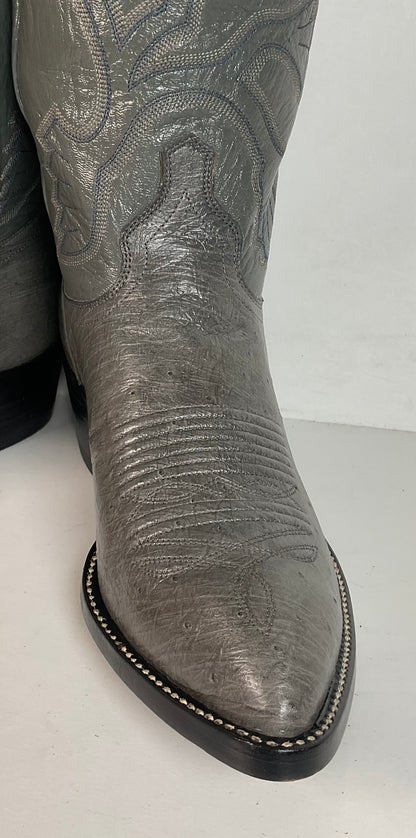 Vintage J. Chisholm Grey Smooth Ostrich Cowboy Boots Men’s 7.5 D | Women’s 8.5 Exotic USA Made