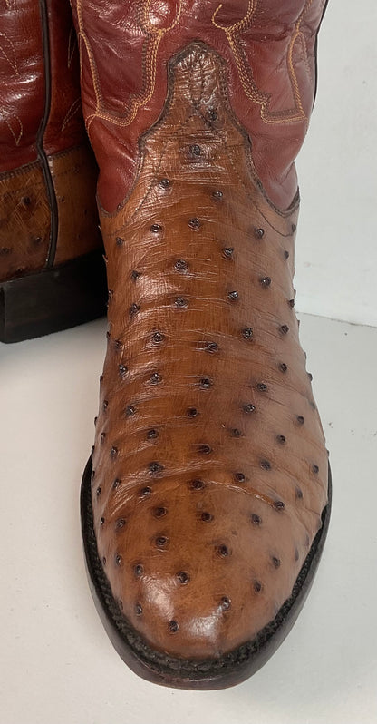 Vintage TO Stanley Kango Tobacco Ostrich Quill Cowboy Boots 10.5 D USA Made Exotic