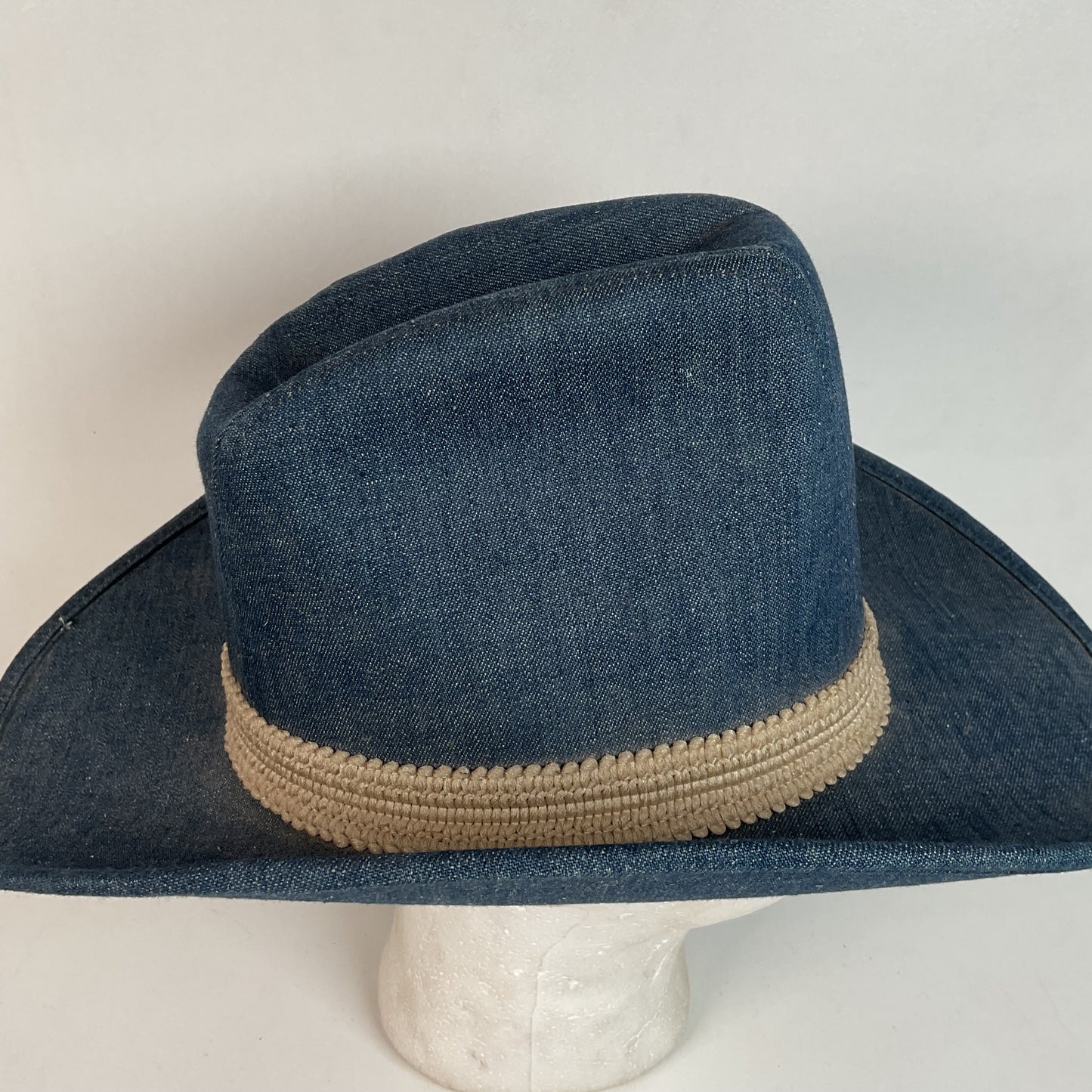 Vintage Blue Denim Cowboy Hat Large USA Union Made Brass Horse Accent